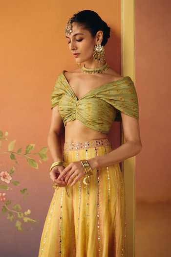 Drishti & Zahabia Green Crepe, Dupion, Silk Sweetheart Neck, Noor Phulkari Print Top And Pant Set Online at Aza Fashions Drishti & Zahabia_Green Crepe, Dupion, Silk Sweetheart Neck, Noor Phulkari Print Top And Pant Set _Online_at_Aza_Fashions