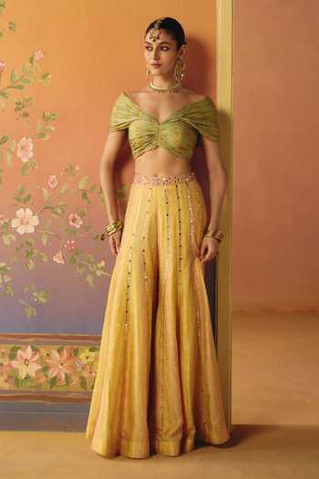 Buy Drishti & Zahabia Green Crepe, Dupion, Silk Sweetheart Neck, Noor Phulkari Print Top And Pant Set Online at Aza Fashions Buy_Drishti & Zahabia_Green Crepe, Dupion, Silk Sweetheart Neck, Noor Phulkari Print Top And Pant Set _Online_at_Aza_Fashions