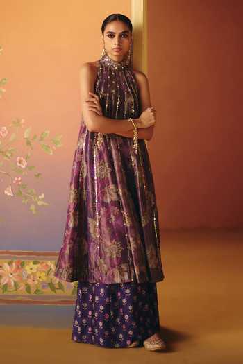 Drishti & Zahabia Purple Silk, Crepe, Tissue, Dupion Halter Neck, Phulkari Print Kurta And Pant Set Online at Aza Fashions Drishti & Zahabia_Purple Silk, Crepe, Tissue, Dupion Halter Neck, Phulkari Print Kurta And Pant Set _Online_at_Aza_Fashions