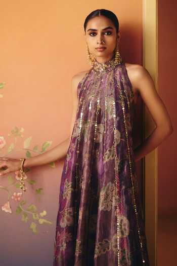 Shop Drishti & Zahabia Purple Silk, Crepe, Tissue, Dupion Halter Neck, Phulkari Print Kurta And Pant Set Online at Aza Fashions Shop_Drishti & Zahabia_Purple Silk, Crepe, Tissue, Dupion Halter Neck, Phulkari Print Kurta And Pant Set _Online_at_Aza_Fashions