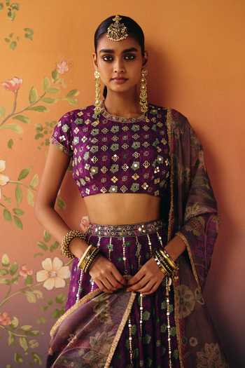 Drishti & Zahabia Purple Tissue, Dupion, Silk Round Neck Saanjh Phulkari Print Lehenga Set Online at Aza Fashions Drishti & Zahabia_Purple Tissue, Dupion, Silk Round Neck Saanjh Phulkari Print Lehenga Set _Online_at_Aza_Fashions