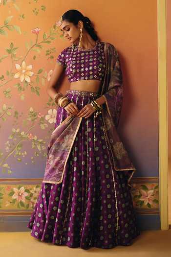 Buy Drishti & Zahabia Purple Tissue, Dupion, Silk Round Neck Saanjh Phulkari Print Lehenga Set Online at Aza Fashions Buy_Drishti & Zahabia_Purple Tissue, Dupion, Silk Round Neck Saanjh Phulkari Print Lehenga Set _Online_at_Aza_Fashions
