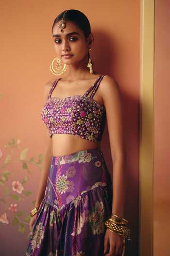 Drishti & Zahabia Purple Silk, Crepe, Dupion Square Neck Saanjh Phulkari Print Top And Pant Set Online at Aza Fashions Drishti & Zahabia_Purple Silk, Crepe, Dupion Square Neck Saanjh Phulkari Print Top And Pant Set _Online_at_Aza_Fashions
