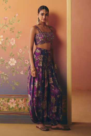 Buy Drishti & Zahabia Purple Silk, Crepe, Dupion Square Neck Saanjh Phulkari Print Top And Pant Set Online at Aza Fashions Buy_Drishti & Zahabia_Purple Silk, Crepe, Dupion Square Neck Saanjh Phulkari Print Top And Pant Set _Online_at_Aza_Fashions