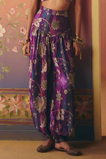 Shop Drishti & Zahabia Purple Silk, Crepe, Dupion Square Neck Saanjh Phulkari Print Top And Pant Set Online at Aza Fashions Shop_Drishti & Zahabia_Purple Silk, Crepe, Dupion Square Neck Saanjh Phulkari Print Top And Pant Set _Online_at_Aza_Fashions