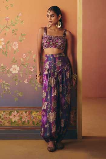Drishti & Zahabia Purple Silk, Crepe, Dupion Square Neck Saanjh Phulkari Print Top And Pant Set at Aza Fashions Drishti & Zahabia_Purple Silk, Crepe, Dupion Square Neck Saanjh Phulkari Print Top And Pant Set _at_Aza_Fashions