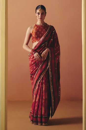 Drishti & Zahabia Orange Silk, Crepe, Dupion Halter Neck Meher Phulkari Print Saree With Blouse Online at Aza Fashions Drishti & Zahabia_Orange Silk, Crepe, Dupion Halter Neck Meher Phulkari Print Saree With Blouse _Online_at_Aza_Fashions