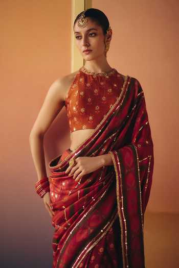 Buy Drishti & Zahabia Orange Silk, Crepe, Dupion Halter Neck Meher Phulkari Print Saree With Blouse Online at Aza Fashions Buy_Drishti & Zahabia_Orange Silk, Crepe, Dupion Halter Neck Meher Phulkari Print Saree With Blouse _Online_at_Aza_Fashions