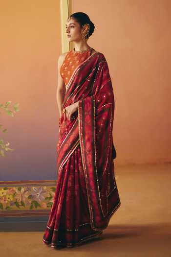 Shop Drishti & Zahabia Orange Silk, Crepe, Dupion Halter Neck Meher Phulkari Print Saree With Blouse Online at Aza Fashions Shop_Drishti & Zahabia_Orange Silk, Crepe, Dupion Halter Neck Meher Phulkari Print Saree With Blouse _Online_at_Aza_Fashions