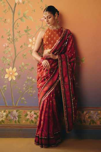 Drishti & Zahabia Meher Phulkari Print Saree With Blouse