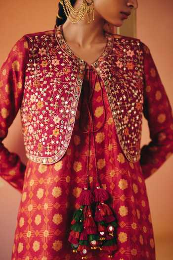 Shop Drishti & Zahabia Orange Silk, Organza, Crepe, Dupion Meher Phulkari Print Jacket And Kurta Set Online at Aza Fashions Shop_Drishti & Zahabia_Orange Silk, Organza, Crepe, Dupion Meher Phulkari Print Jacket And Kurta Set _Online_at_Aza_Fashions