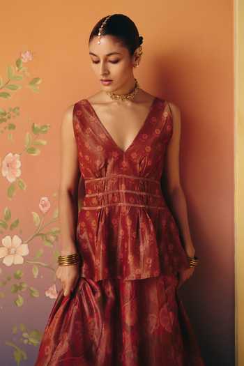 Drishti & Zahabia Orange Tissue V-neck Meher Phulkari Print Top And Skirt Set at Aza Fashions Drishti & Zahabia_Orange Tissue V-neck Meher Phulkari Print Top And Skirt Set _at_Aza_Fashions