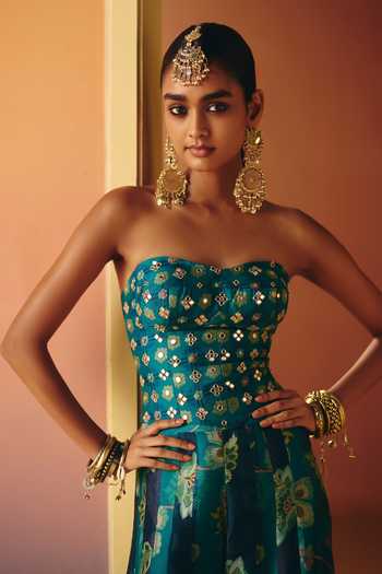 Drishti & Zahabia Blue Silk, Crepe, Dupion Embroidery, Sequins, Mahi Corset And Flared Pant Set Online at Aza Fashions Drishti & Zahabia_Blue Silk, Crepe, Dupion Embroidery, Sequins, Mahi Corset And Flared Pant Set _Online_at_Aza_Fashions