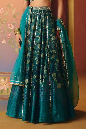 Drishti & Zahabia Blue Silk, Organza, Crepe, Dupion V-neck Mahi Phulkari Print Lehenga Set Online at Aza Fashions Drishti & Zahabia_Blue Silk, Organza, Crepe, Dupion V-neck Mahi Phulkari Print Lehenga Set _Online_at_Aza_Fashions
