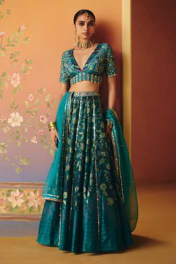 Buy Drishti & Zahabia Blue Silk, Organza, Crepe, Dupion V-neck Mahi Phulkari Print Lehenga Set Online at Aza Fashions Buy_Drishti & Zahabia_Blue Silk, Organza, Crepe, Dupion V-neck Mahi Phulkari Print Lehenga Set _Online_at_Aza_Fashions