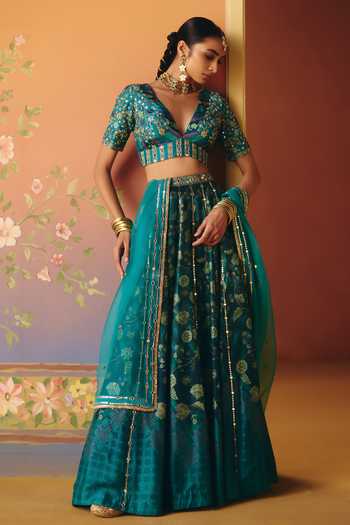 Shop Drishti & Zahabia Blue Silk, Organza, Crepe, Dupion V-neck Mahi Phulkari Print Lehenga Set Online at Aza Fashions Shop_Drishti & Zahabia_Blue Silk, Organza, Crepe, Dupion V-neck Mahi Phulkari Print Lehenga Set _Online_at_Aza_Fashions