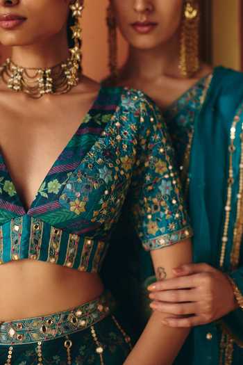 Drishti & Zahabia Blue Silk, Organza, Crepe, Dupion V-neck Mahi Phulkari Print Lehenga Set at Aza Fashions Drishti & Zahabia_Blue Silk, Organza, Crepe, Dupion V-neck Mahi Phulkari Print Lehenga Set _at_Aza_Fashions