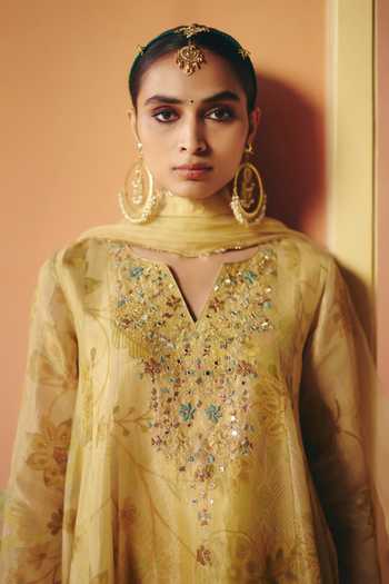 Drishti & Zahabia Gold Organza, Crepe, Tissue Split V-neck Reet Phulkari Print Kurta Salwar Set at Aza Fashions Drishti & Zahabia_Gold Organza, Crepe, Tissue Split V-neck Reet Phulkari Print Kurta Salwar Set _at_Aza_Fashions