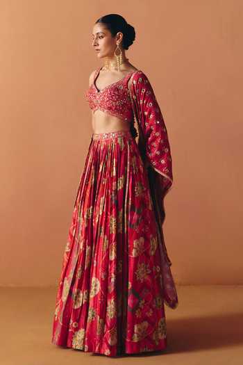 Buy Drishti & Zahabia Pink Silk, Crepe, Dupion Sweetheart Neck Ruhi Pleated Embroidered Lehenga Set Online at Aza Fashions Buy_Drishti & Zahabia_Pink Silk, Crepe, Dupion Sweetheart Neck Ruhi Pleated Embroidered Lehenga Set _Online_at_Aza_Fashions