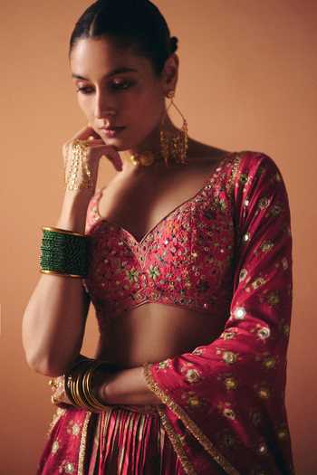 Shop Drishti & Zahabia Pink Silk, Crepe, Dupion Sweetheart Neck Ruhi Pleated Embroidered Lehenga Set Online at Aza Fashions Shop_Drishti & Zahabia_Pink Silk, Crepe, Dupion Sweetheart Neck Ruhi Pleated Embroidered Lehenga Set _Online_at_Aza_Fashions