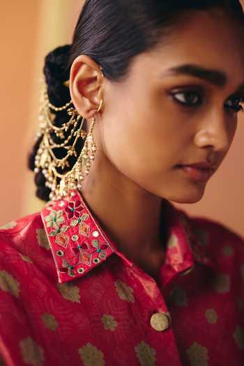 Buy Drishti & Zahabia Pink Silk, Crepe, Tissue, Dupion Collared Neck Ruhi Phulkari Print Skirt Set Online at Aza Fashions Buy_Drishti & Zahabia_Pink Silk, Crepe, Tissue, Dupion Collared Neck Ruhi Phulkari Print Skirt Set _Online_at_Aza_Fashions
