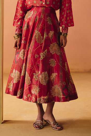 Shop Drishti & Zahabia Pink Silk, Crepe, Tissue, Dupion Collared Neck Ruhi Phulkari Print Skirt Set Online at Aza Fashions Shop_Drishti & Zahabia_Pink Silk, Crepe, Tissue, Dupion Collared Neck Ruhi Phulkari Print Skirt Set _Online_at_Aza_Fashions