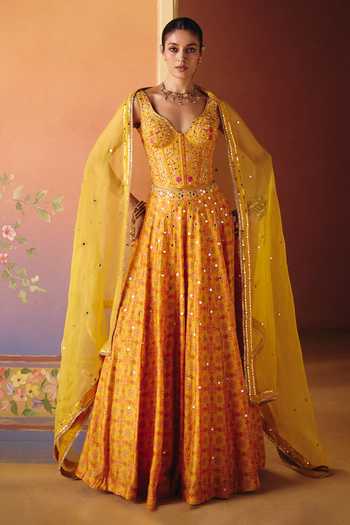 Shop Drishti & Zahabia Yellow Silk, Organza, Dupion Embroidery, Sequins, Zari, Mirrors Soni Skirt Set Online at Aza Fashions Shop_Drishti & Zahabia_Yellow Silk, Organza, Dupion Embroidery, Sequins, Zari, Mirrors Soni Skirt Set _Online_at_Aza_Fashions