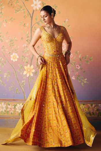 Drishti & Zahabia Yellow Silk, Organza, Dupion Embroidery, Sequins, Zari, Mirrors Soni Skirt Set at Aza Fashions Drishti & Zahabia_Yellow Silk, Organza, Dupion Embroidery, Sequins, Zari, Mirrors Soni Skirt Set _at_Aza_Fashions