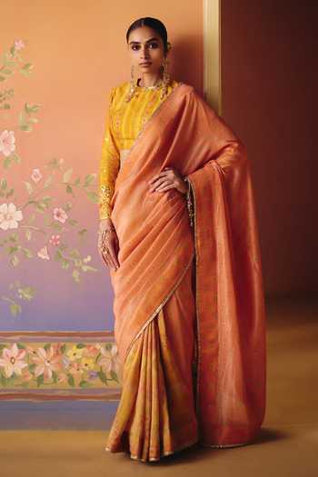 Buy Drishti & Zahabia Peach Silk, Crepe, Tissue, Dupion Keyhole Soni Phulkari Print Saree And Blouse Set Online at Aza Fashions Buy_Drishti & Zahabia_Peach Silk, Crepe, Tissue, Dupion Keyhole Soni Phulkari Print Saree And Blouse Set _Online_at_Aza_Fashions