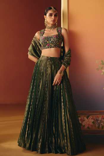 Buy Drishti & Zahabia Green Silk, Tissue, Dupion Square Neck Seher Phulkari Print Pleated Lehenga Set Online at Aza Fashions Buy_Drishti & Zahabia_Green Silk, Tissue, Dupion Square Neck Seher Phulkari Print Pleated Lehenga Set _Online_at_Aza_Fashions