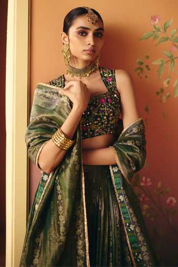 Drishti & Zahabia Green Silk, Tissue, Dupion Square Neck Seher Phulkari Print Pleated Lehenga Set at Aza Fashions Drishti & Zahabia_Green Silk, Tissue, Dupion Square Neck Seher Phulkari Print Pleated Lehenga Set _at_Aza_Fashions