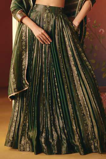 Buy Drishti & Zahabia Green Silk, Tissue, Dupion Square Neck Seher Phulkari Print Pleated Lehenga Set Buy_Drishti & Zahabia_Green Silk, Tissue, Dupion Square Neck Seher Phulkari Print Pleated Lehenga Set