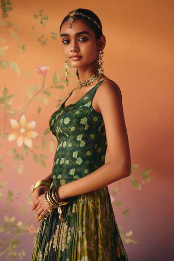 Drishti & Zahabia Green Silk, Crepe, Dupion Embroidery, Seher Phulkari Print Lehenga And Corset Set Online at Aza Fashions Drishti & Zahabia_Green Silk, Crepe, Dupion Embroidery, Seher Phulkari Print Lehenga And Corset Set _Online_at_Aza_Fashions