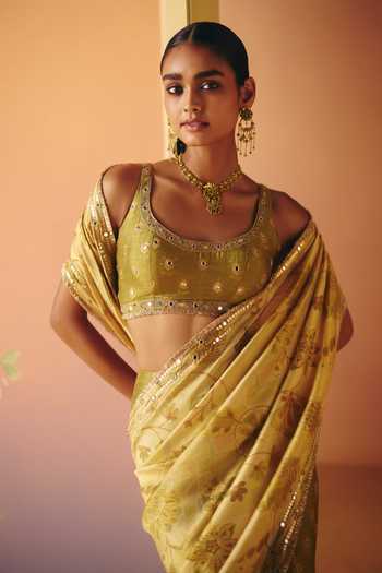 Drishti & Zahabia Green Silk, Crepe, Dupion Scoop Reet Phulkari Print Pre-draped Saree With Blouse Online at Aza Fashions Drishti & Zahabia_Green Silk, Crepe, Dupion Scoop Reet Phulkari Print Pre-draped Saree With Blouse _Online_at_Aza_Fashions