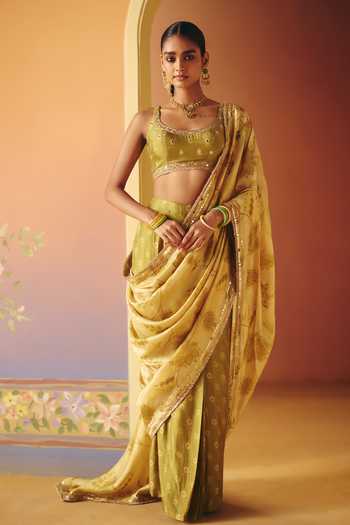 Buy Drishti & Zahabia Green Silk, Crepe, Dupion Scoop Reet Phulkari Print Pre-draped Saree With Blouse Online at Aza Fashions Buy_Drishti & Zahabia_Green Silk, Crepe, Dupion Scoop Reet Phulkari Print Pre-draped Saree With Blouse _Online_at_Aza_Fashions