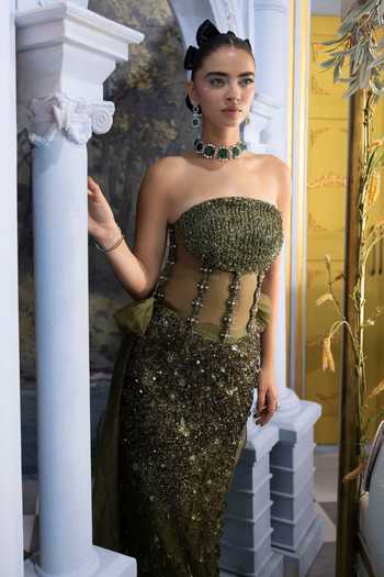 Payal & Zinal Green Organza, Satin Embroidery, Beads, Crystals Isabela Embellished Trail Gown Online at Aza Fashions Payal & Zinal_Green Organza, Satin Embroidery, Beads, Crystals Isabela Embellished Trail Gown _Online_at_Aza_Fashions