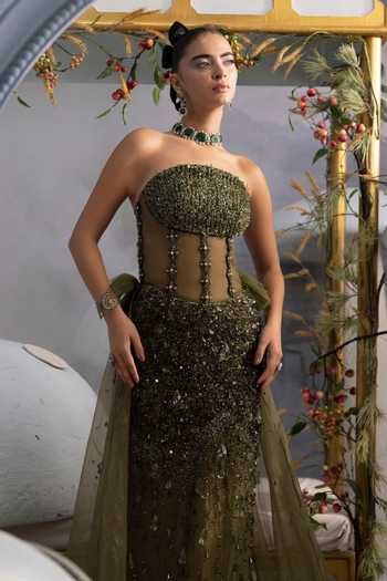 Buy Payal & Zinal Green Organza, Satin Embroidery, Beads, Crystals Isabela Embellished Trail Gown Online at Aza Fashions Buy_Payal & Zinal_Green Organza, Satin Embroidery, Beads, Crystals Isabela Embellished Trail Gown _Online_at_Aza_Fashions