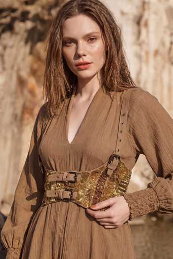 Nikita Mhaisalkar Brown Cotton V-neck Dress With Embroidered Griddle Belt Online at Aza Fashions Nikita Mhaisalkar_Brown Cotton V-neck Dress With Embroidered Griddle Belt _Online_at_Aza_Fashions