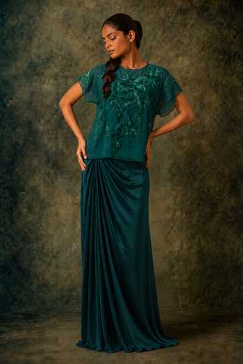 Vrinda Soni Emerald Green Silk Organza, Satin Flicker Embroiderd Top And Draped Skirt Set Online at Aza Fashions Vrinda Soni_Emerald Green Silk Organza, Satin Flicker Embroiderd Top And Draped Skirt Set _Online_at_Aza_Fashions