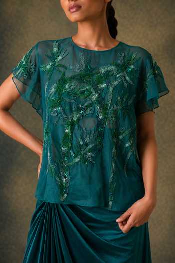 Shop Vrinda Soni Emerald Green Silk Organza, Satin Flicker Embroiderd Top And Draped Skirt Set Online at Aza Fashions Shop_Vrinda Soni_Emerald Green Silk Organza, Satin Flicker Embroiderd Top And Draped Skirt Set _Online_at_Aza_Fashions