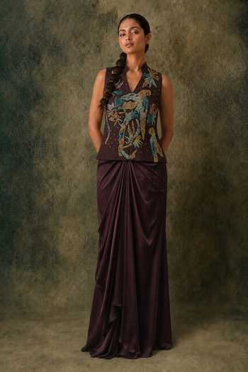 Buy Vrinda Soni Brown Dupion, Satin Mandarin Collar Vestige Embroidered Jacket And Skirt Set Online at Aza Fashions Buy_Vrinda Soni_Brown Dupion, Satin Mandarin Collar Vestige Embroidered Jacket And Skirt Set _Online_at_Aza_Fashions