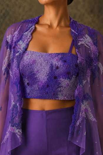 Vrinda Soni Purple Silk Organza, Crepe, Satin Shawl Neck, Twilight Sheer Cape Pant Set Online at Aza Fashions Vrinda Soni_Purple Silk Organza, Crepe, Satin Shawl Neck, Twilight Sheer Cape Pant Set _Online_at_Aza_Fashions