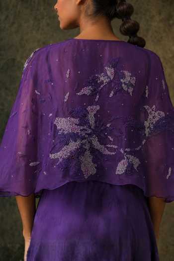Vrinda Soni Purple Silk Organza, Satin Round Neck, Sway Embroidered Cape Set Online at Aza Fashions Vrinda Soni_Purple Silk Organza, Satin Round Neck, Sway Embroidered Cape Set _Online_at_Aza_Fashions