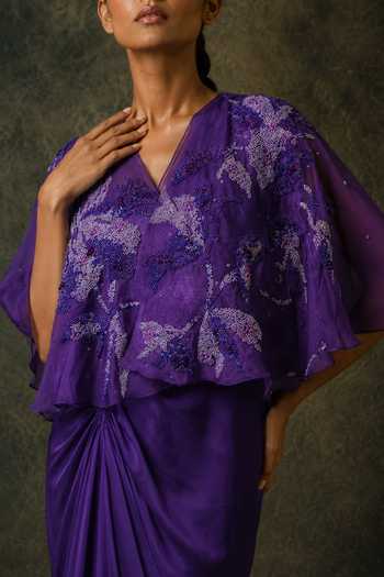 Buy Vrinda Soni Purple Silk Organza, Satin Round Neck, Sway Embroidered Cape Set Online at Aza Fashions Buy_Vrinda Soni_Purple Silk Organza, Satin Round Neck, Sway Embroidered Cape Set _Online_at_Aza_Fashions
