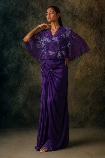 Shop Vrinda Soni Purple Silk Organza, Satin Round Neck, Sway Embroidered Cape Set Online at Aza Fashions Shop_Vrinda Soni_Purple Silk Organza, Satin Round Neck, Sway Embroidered Cape Set _Online_at_Aza_Fashions
