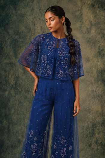 Vrinda Soni Blue Tulle, Satin Keyhole Neck, Sweetheart Flutter Embroidered Cape Pant Set Online at Aza Fashions Vrinda Soni_Blue Tulle, Satin Keyhole Neck, Sweetheart Flutter Embroidered Cape Pant Set _Online_at_Aza_Fashions