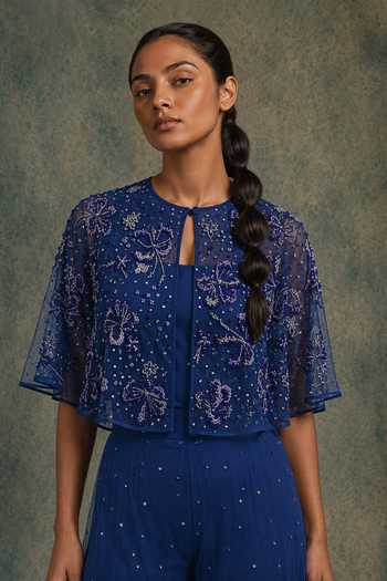 Buy Vrinda Soni Blue Tulle, Satin Keyhole Neck, Sweetheart Flutter Embroidered Cape Pant Set Online at Aza Fashions Buy_Vrinda Soni_Blue Tulle, Satin Keyhole Neck, Sweetheart Flutter Embroidered Cape Pant Set _Online_at_Aza_Fashions