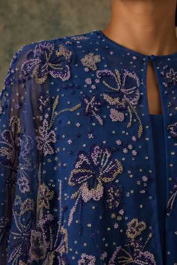 Shop Vrinda Soni Blue Tulle, Satin Keyhole Neck, Sweetheart Flutter Embroidered Cape Pant Set Online at Aza Fashions Shop_Vrinda Soni_Blue Tulle, Satin Keyhole Neck, Sweetheart Flutter Embroidered Cape Pant Set _Online_at_Aza_Fashions