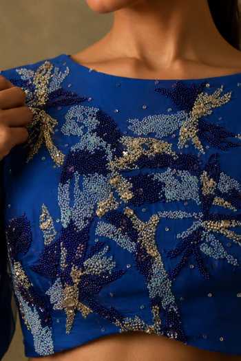 Vrinda Soni Blue Silk Organza, Dupion, Satin Boat Diffusion Embroidered Bustier Skirt Set Online at Aza Fashions Vrinda Soni_Blue Silk Organza, Dupion, Satin Boat Diffusion Embroidered Bustier Skirt Set _Online_at_Aza_Fashions
