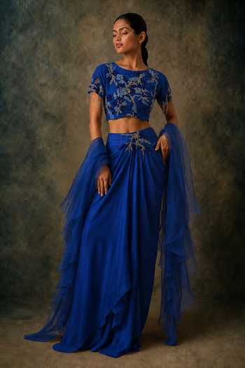 Shop Vrinda Soni Blue Silk Organza, Dupion, Satin Boat Diffusion Embroidered Bustier Skirt Set Online at Aza Fashions Shop_Vrinda Soni_Blue Silk Organza, Dupion, Satin Boat Diffusion Embroidered Bustier Skirt Set _Online_at_Aza_Fashions
